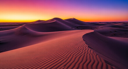 A breathtaking desert landscape unfolds under a vibrant sky, with rolling sand dunes illuminated by the warm hues of a sunset, creating a serene and picturesque vista.