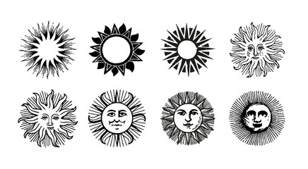 Fototapeta premium A cheerful set of hand-drawn sun with a smiling face, radiating warmth and joy in a black-and-white celestial mystic style, perfect for cosmic art