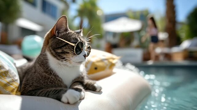 Experience the cinematic charm of a cat in sunglasses lounging on a pool float, surrounded by a toy fish and a sparkling poolside ambiance.