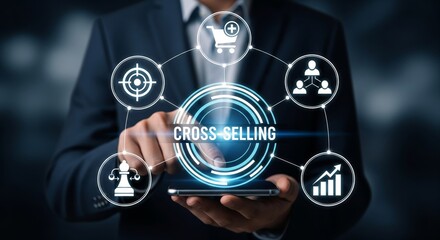 Cross-Selling Strategy Digital Interface with Business Icons and Smartphone Technology