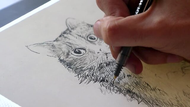 Fast forward Pen Drawing of a Cat Portrait on Paper