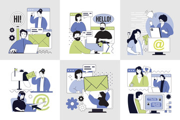 Communication concept set for web design. Collection with people chatting online, sending messages and emails, meeting at video group conference, share comments and networking. Vector illustration.