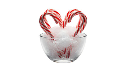 Two candy canes in a heart shape in a bowl of crushed ice, isolated transparent
