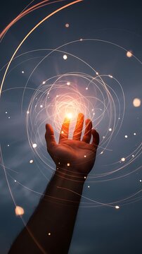 Hand reaching towards glowing orb surrounded by swirling light strands