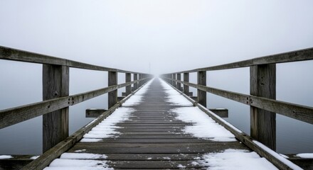 Fototapeta premium A wooden pier extending into a misty lake, with snow covering the ground and railing.