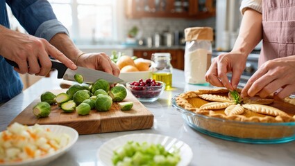 Couple Preparing Thanksgiving Dinner Kitchen