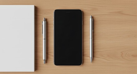 Mobile phone mockup with blank black display on wooden surface with notebook and pen flat lay