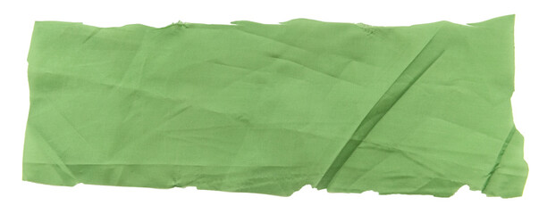A piece of torn green satin fabric on a white background. Isolate a crumpled piece of fabric