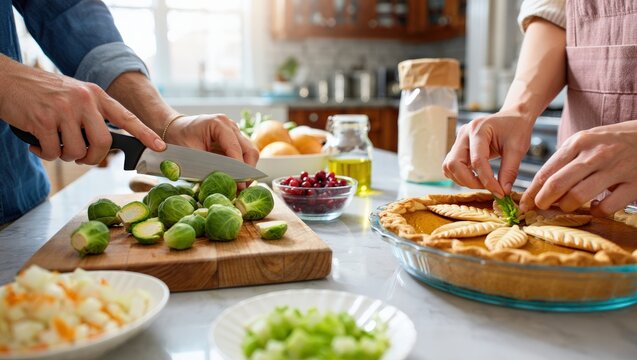 Couple Preparing Thanksgiving Dinner Kitchen - Powered by Adobe