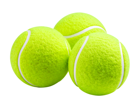 Three bright yellow tennis balls arranged closely together on a white background, showcasing their fuzzy texture and design.