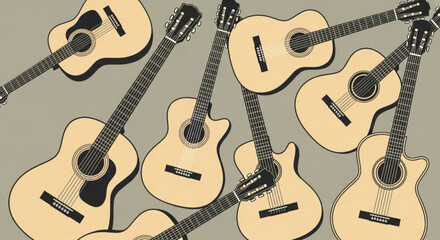Acoustic guitars arranged in a pattern, showcasing the beauty and craftsmanship of musical instruments with a warm, inviting aesthetic