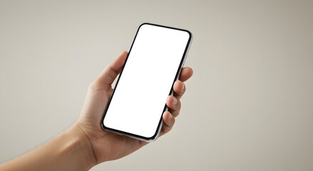 Cropped arm holding smartphone mockup with blank screen on neutral background in clean minimal style