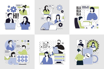 Lets talk concept set for web design. Collection with people communicating online, sending emails, networking, chatting with virtual friends, video calling, using social media. Vector illustration.