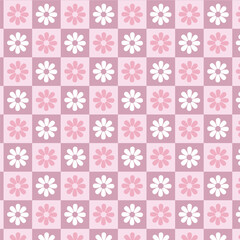 Pastel pink Checkerboard seamless pattern design with pink and white flowers