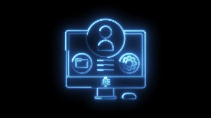 Glowing neon desktop computer interface with profile folder settings and customization icons on black background - Powered by Adobe