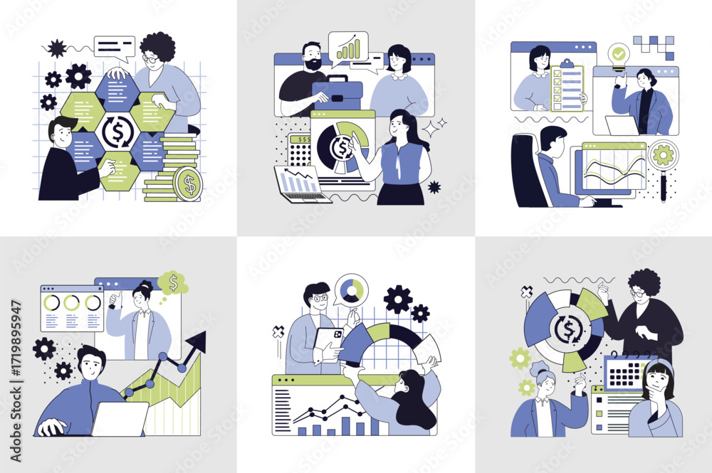 Wall mural statistics and analytics concept set for web design. collection with people making research for fina