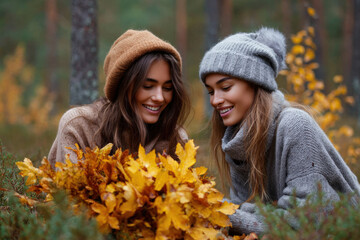 two friends in picturesque autumn forest surrounded by falling leaves and golden hues