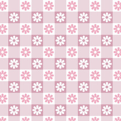 Cute gingham check seamless pattern with pink flowers