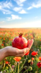 Pomegranate held in hand, poppy field