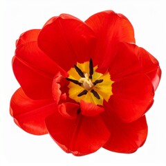 Close-up of a vibrant red tulip blossom in full bloom, isolated against a white background