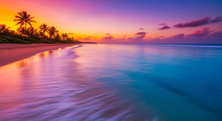 The stunning tropical beach scene showcases a vibrant sunset with palm trees silhouetted against the colorful sky, reflecting beautifully on the calm ocean water.