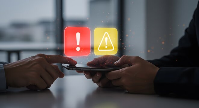 Warning and Alert Icons on Smartphone Screen Held by Business People
