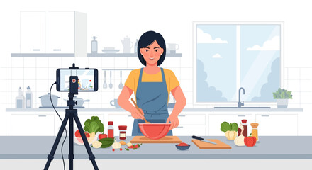 Woman Filming Cooking Video in Kitchen with Smartphone Tripod and Ingredients on Counter