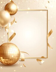 Gold celebration banner with disco balls and ribbons