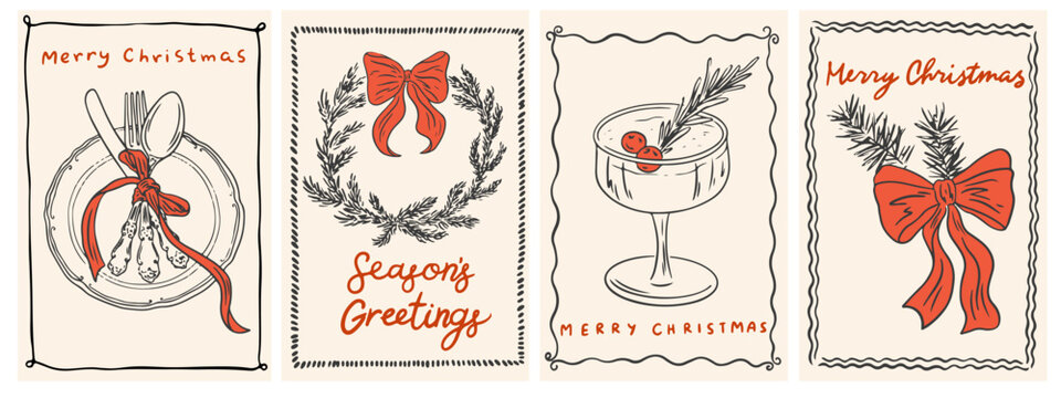Hand drawn vintage chalk Christmas posters. Retro new year drawing set in doodle line art, minimalist print with martini, wreath, silverware, bows and ribbons. Vector cards in coquette style