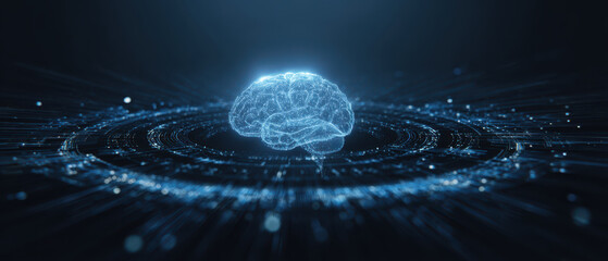 Neon brain hologram digital network blue glow cyber future pulses with wonder