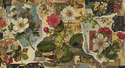 Vintage floral collage art with distressed paper textures and botanical elements creating a romantic and nostalgic aesthetic