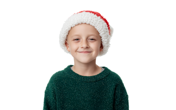 a happy boy in a santa hat and green sweater, isolated on a transparent png background