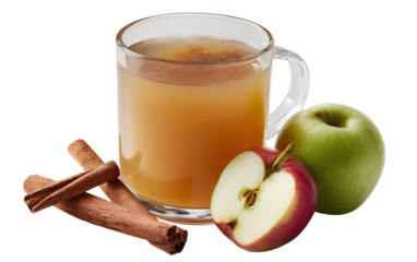   apple cider a realistic photo of an apple cider with cinnamon and apples on a transparent background