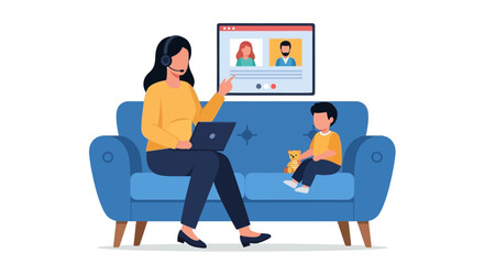 vector of Woman Working on Laptop While Child Colors Nearby in Sunlit Home Office with Cozy Decor