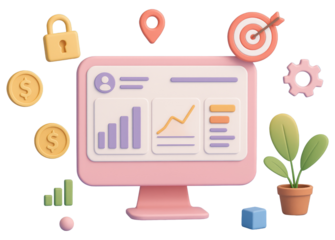 Pink Computer Monitor with Business Analytics Charts Graphs and Icons Including Lock and Target screen isolated on a transparent background