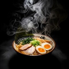 Steaming Japanese Ramen in Black Ceramic Bowl