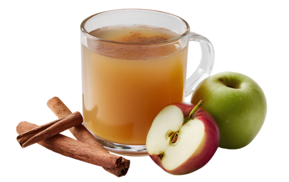   apple cider a realistic photo of an apple cider with cinnamon and apples on a transparent background