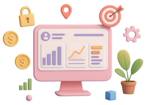 Pink Computer Monitor with Business Analytics Charts Graphs and Icons Including Lock and Target screen isolated on a transparent background