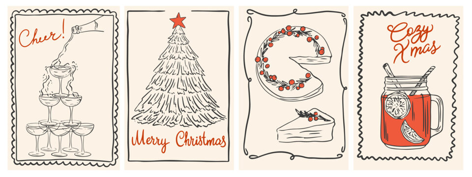 Hand drawn vintage chalk Christmas posters. Retro new year drawing set in doodle line art, minimalist print with champagne tower, cake, mulled wine and Christmas tree. Vector cards in coquette style