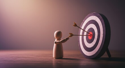 Wooden Mannequin Aiming Arrows at Bullseye Target - Business Goal Achievement Concept