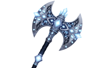 Ornate, two-handed axe, embellished with luminous blue gems, showcasing intricate silver detailing against a stark black background.