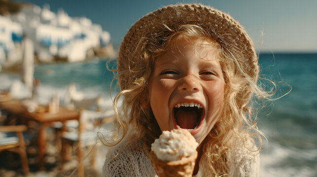 A laughing child eating ice cream on a sunny beach - Powered by Adobe