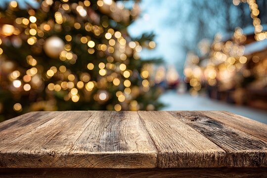 Wooden Table Surface with Festive Christmas Tree Blurred Background