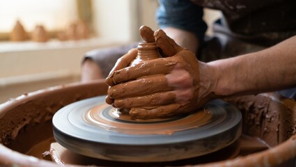 Hands shaping clay on pottery wheel in creative ceramic workshop symbolizing craftsmanship, artistry, handmade process, and traditional pottery making skills