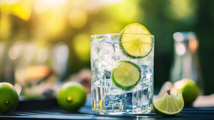 A refreshing glass of sparkling water with lime slices, surrounded by fresh limes, captures the essence of summer thirst-quenching enjoyment.