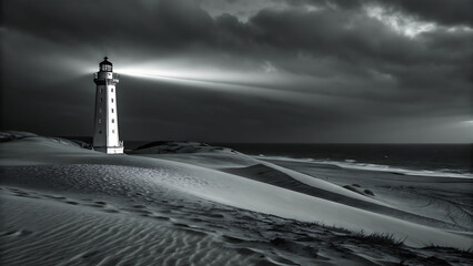 Lighthouse beam cutting through stormy dark clouds over sand dunes and ocean