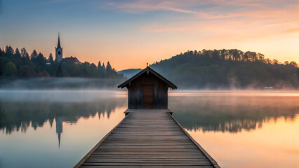 Fototapeta premium Tranquil wooden pier leading to a small cabin on a misty lake at sunrise