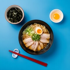 Japanese Ramen: Miso Broth with Pork, Tofu, and Vegetables, Top View on blue Background