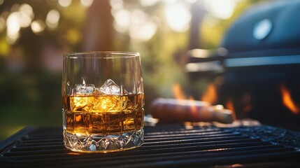 A glass of whiskey with ice sits on a grill, against a blurred outdoor background, evoking a warm, relaxed atmosphere.