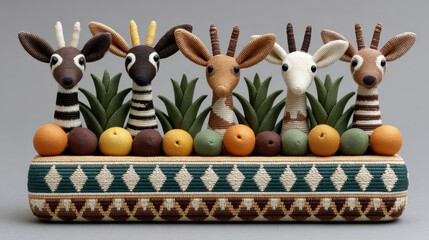 Kwanzaa themed handmade animal figurines for children, featuring woven designs and fruits, celebrating culture and creativity